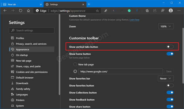 Show or Hide Vertical Tabs button in Microsoft Edge