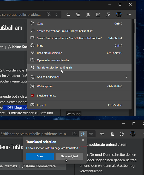 Microsoft Edge Translator now offers the option to translate the selected text 1 translate selection to english
