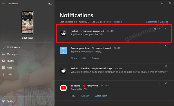 Unpin notifications in your phone app in windows 10