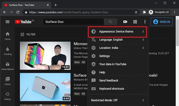 YouTube Appearance device theme options