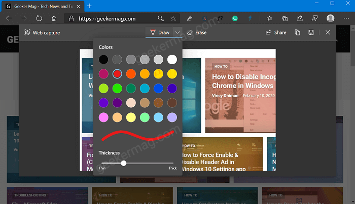Edge browser web capture tools draw and erase
