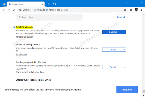 enable tab search flag in Chrome canary