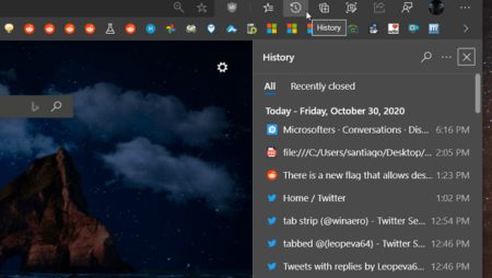 Microsoft Edge lets you Pin History Button to Toolbar