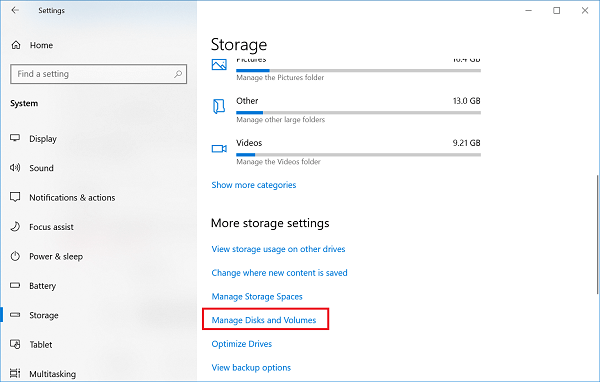 manage disk and volume in windows 10 settings 