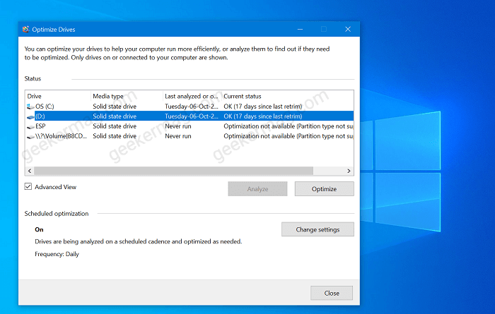 windows 10 defrag optimization not available