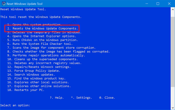 resets the inwdows update components in reset windwos update tool
