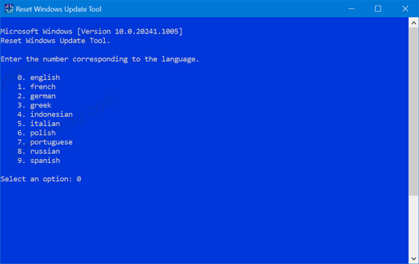 select language on Reset Windows Update tool for windows 10