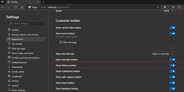 show history button in microsoft edge customize toolbar