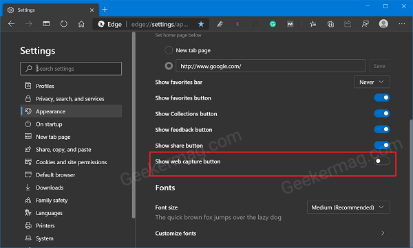 Microsoft Edge let you show  Web Capture  button on Tabstrip - 68