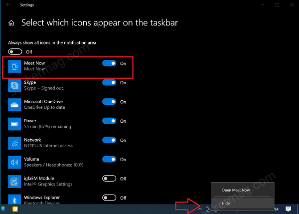 How to hide meet now button from Notification area in windows 10