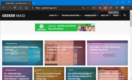 How to Show or Hide Web Capture button in toolbar of Microsoft Edge
