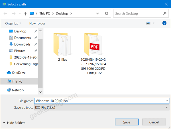 save windows 10 20h2 iso image to your computer