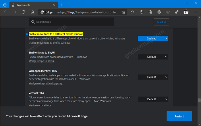 Enable move tabs to a different profile window in microsoft edge