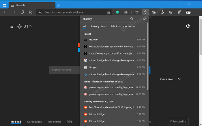 Microsoft Edge lets you Pin History Button to Toolbar - 82