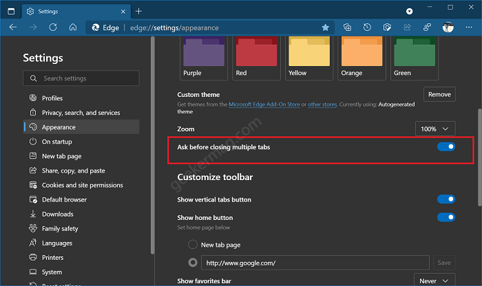 ask before closing multiple tabs settings in microsoft edge