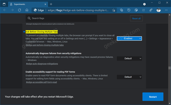 Microsoft Edge ask you before closing multiple tabs - 41