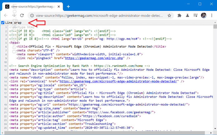 chrome view source line wrap default