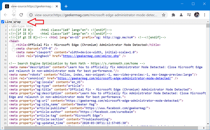 chrome line wrap in view source code.