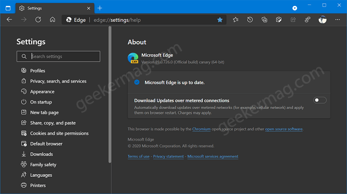 Disable download Updates over metered connections in Edge - 78