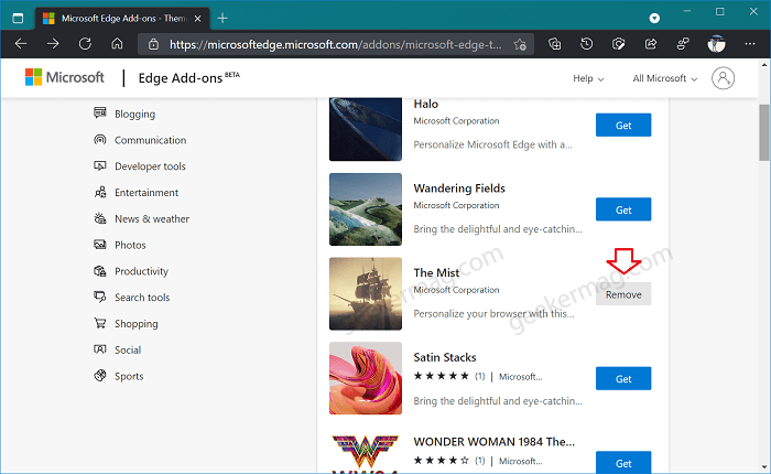 remove edge theme from microsoft add-on page