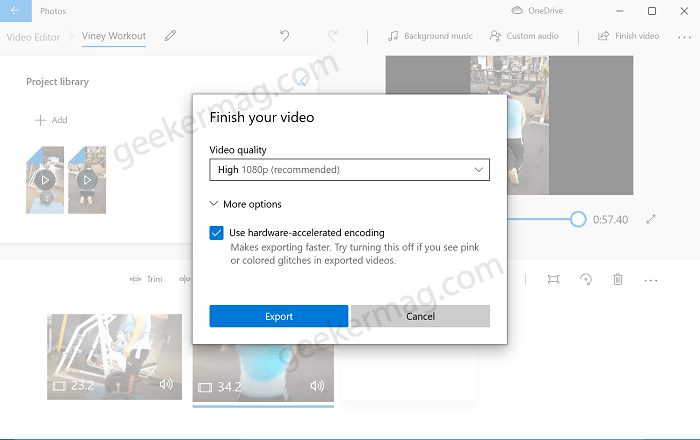 Export merged videos in windows 10 photos app