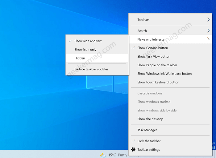 hide news and interest icon in windows 10