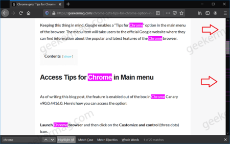 Firefox v87 Find 'Highlight All' Shows Searches on Top of Scrollbar