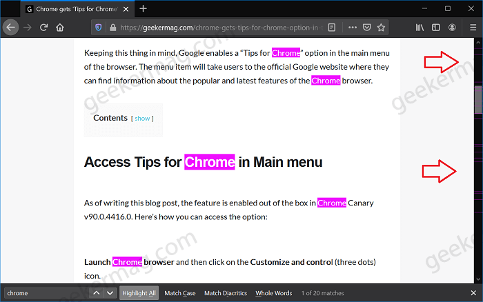 Firefox v87 Highlight All Searches on Top of Scrollbar - 32