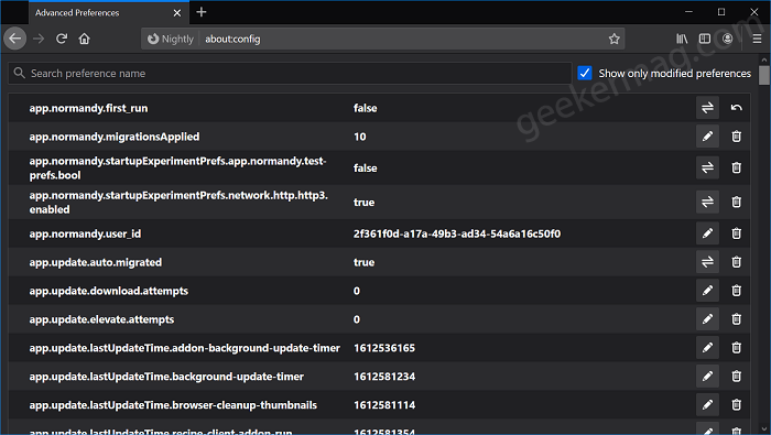 Firefox v87 let you Show modified preferences in About Config - 46