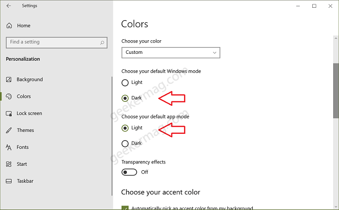 Turn on Default Windows and App mode in windows 10