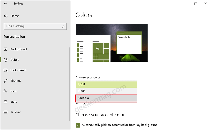 Set Choose your color to Custom