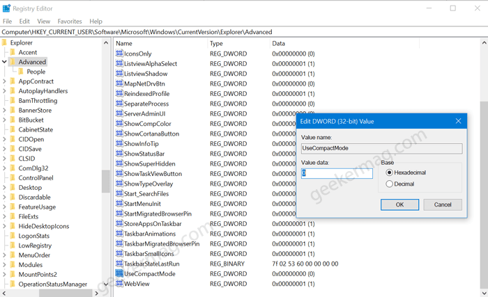 enable or disable Compact mode in File Explorer in Windows 10 using Registry editor