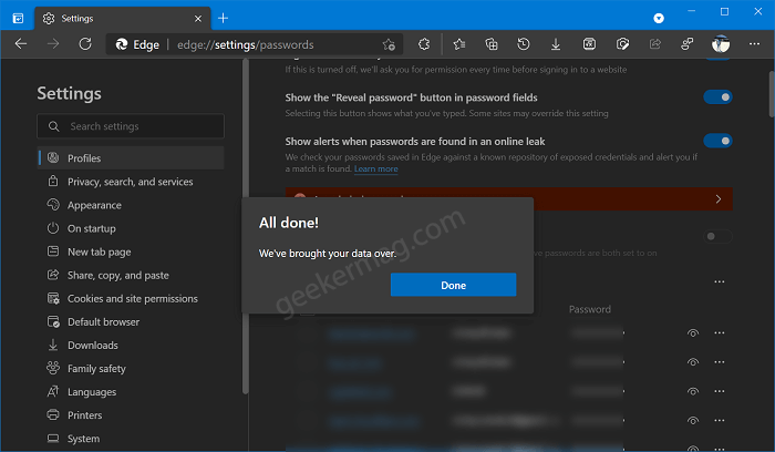 importing password from csv to edge done