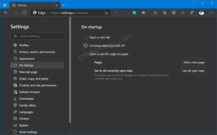 Set Startup setting in Edge to Continue where you left off