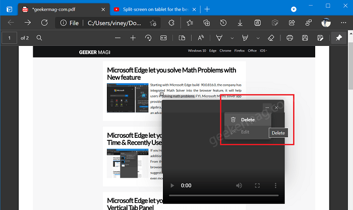 delete video comment in pdf in microsoft edge