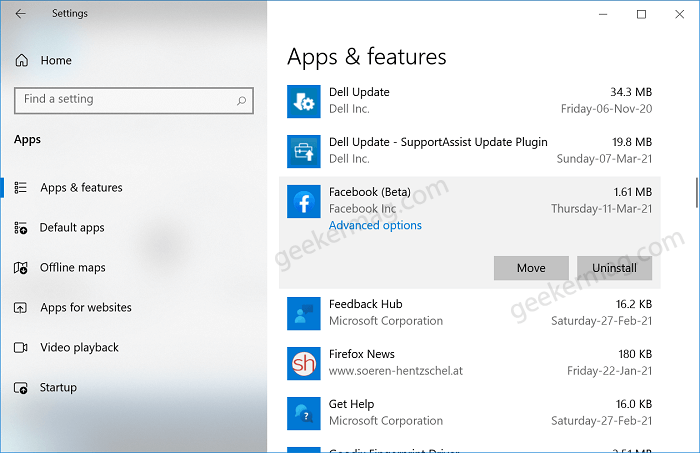 uninstall Facebook app from windows 10 settings.