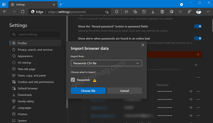 Import passwords to edge browser