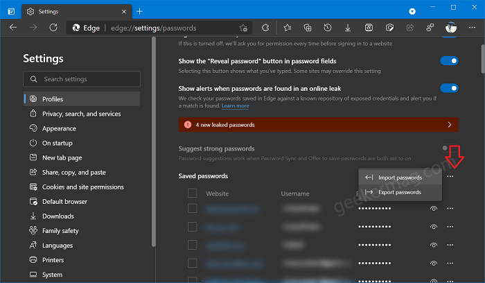 Import password option in edge