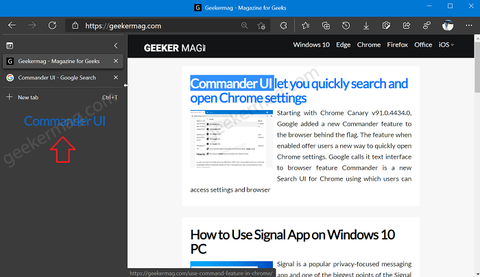Search the web from Vertical Tab Panel in Microsoft Edge