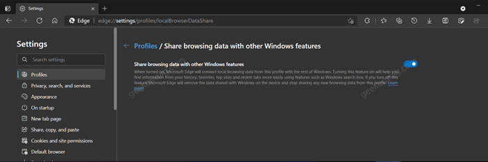 Share browsing data with other Windows feature in Microsoft edge