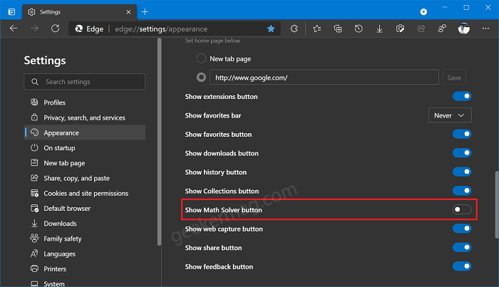 Show math solver button in microsoft edge toolbar