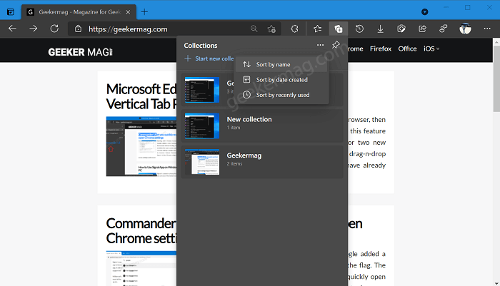 sort collections in microsoft edge