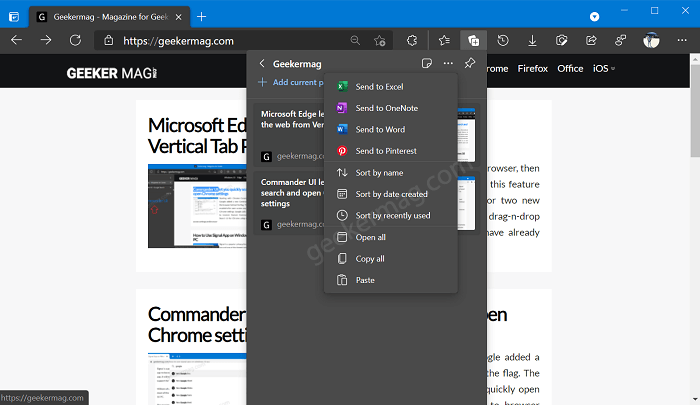 sort collections items in microsoft edge