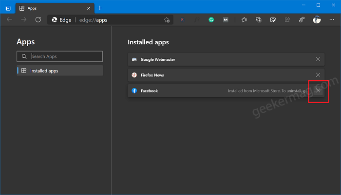 uninstall facebook app from microsoft edge