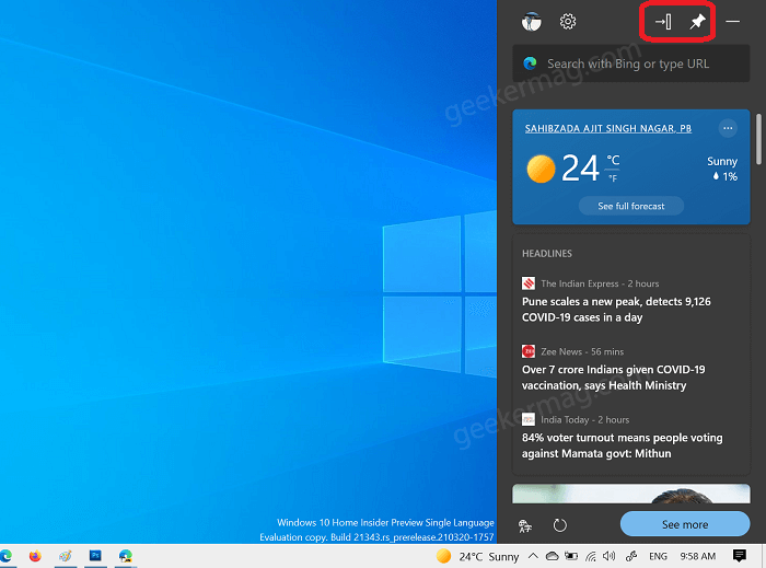 Pin Web Widget to sidebar of the desktop in windows 10