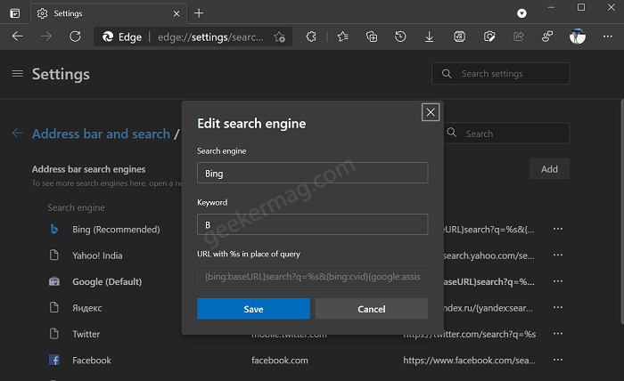 assign keyword to search engine edge