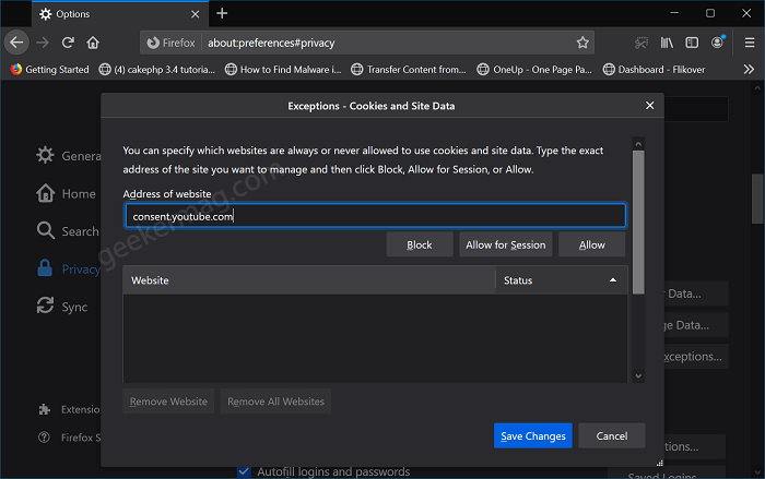 Exceptions - cookies and site data in firefox