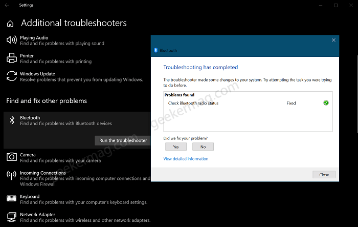 Run Bluetooth Troubleshooter in Windows 10