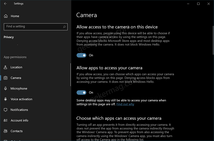 manage camera privacy settings in Windows 10