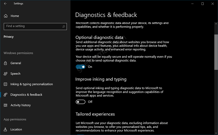  Diagnostic and feedback settings in Windows 10